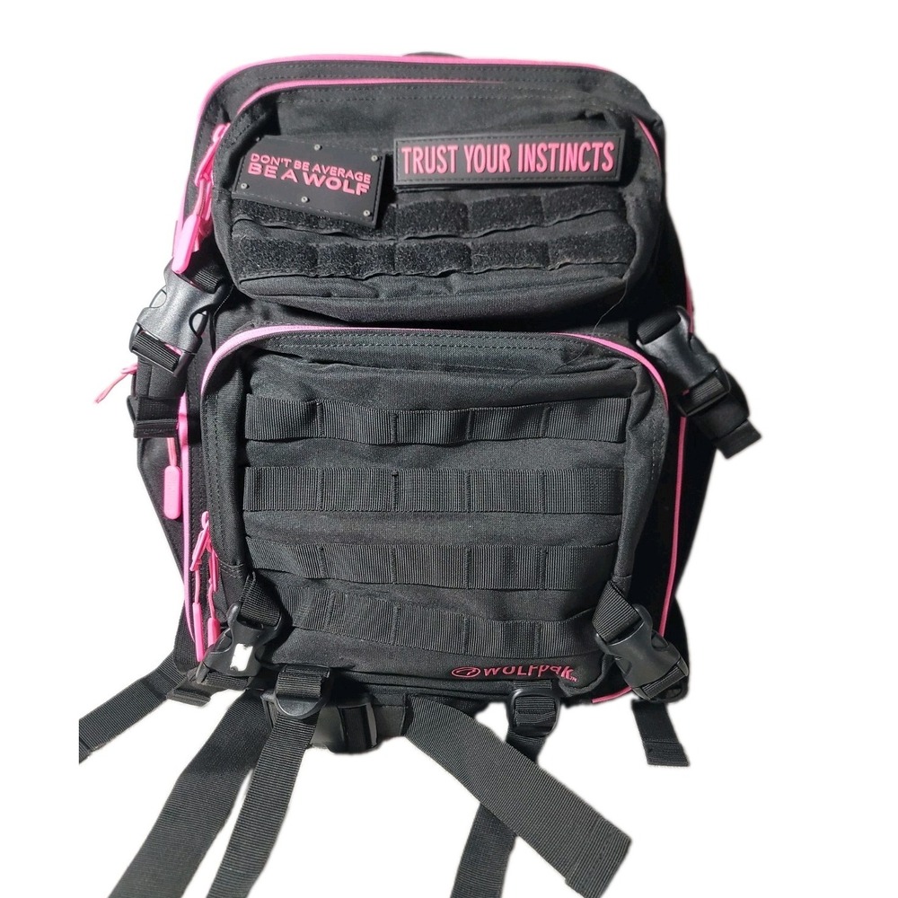 WOLFpak 45L Backpack Black Pink Tactical Gym Bag Morale Patches Gorpcore Y2K